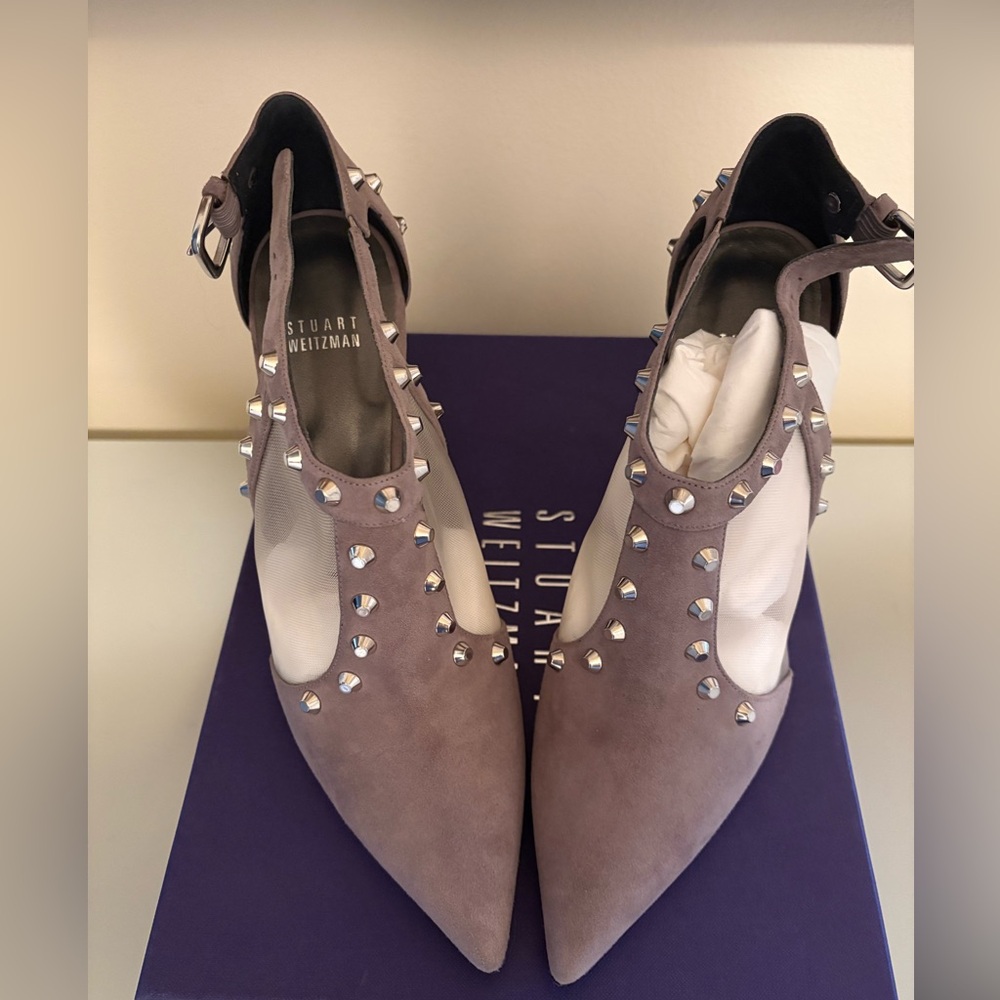 Stuart Weitzman Women's Studded and Mesh Taupe Heels